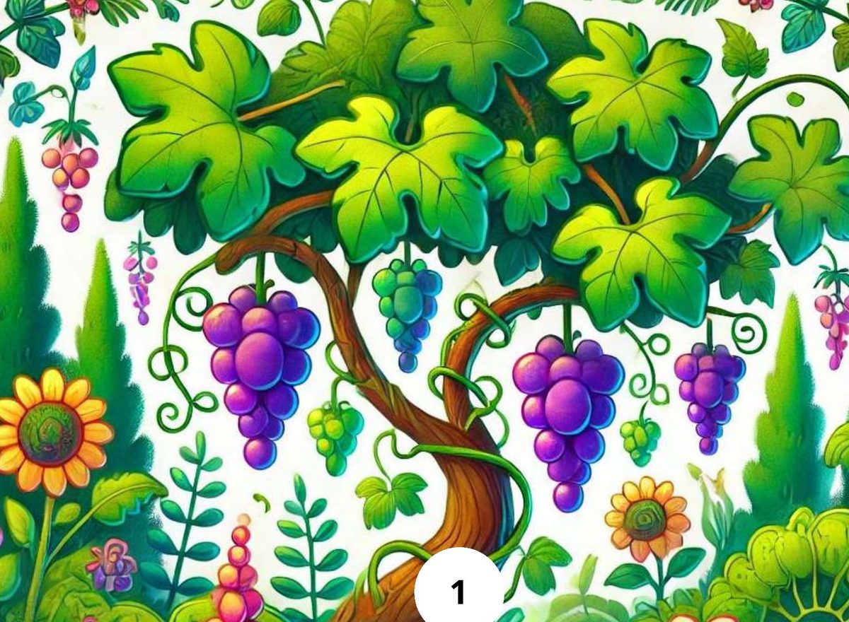 Ilustración del cuento: la Vid verdadera con racimos de uvas, hojas y flores